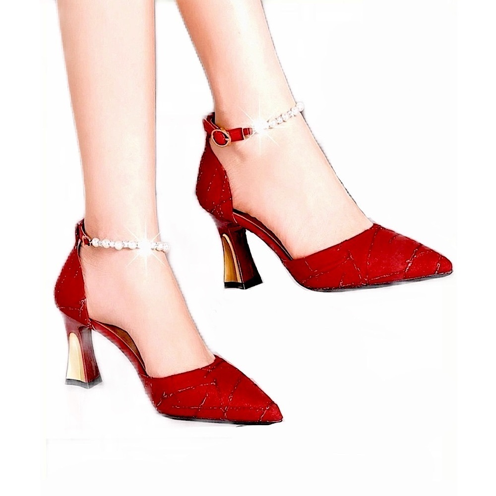 RED GOLD PEARL ANKLE STRAP FESTIVE GLITTER EMBROIDERY LUXURY HEELS valentines - Picture 2 of 4